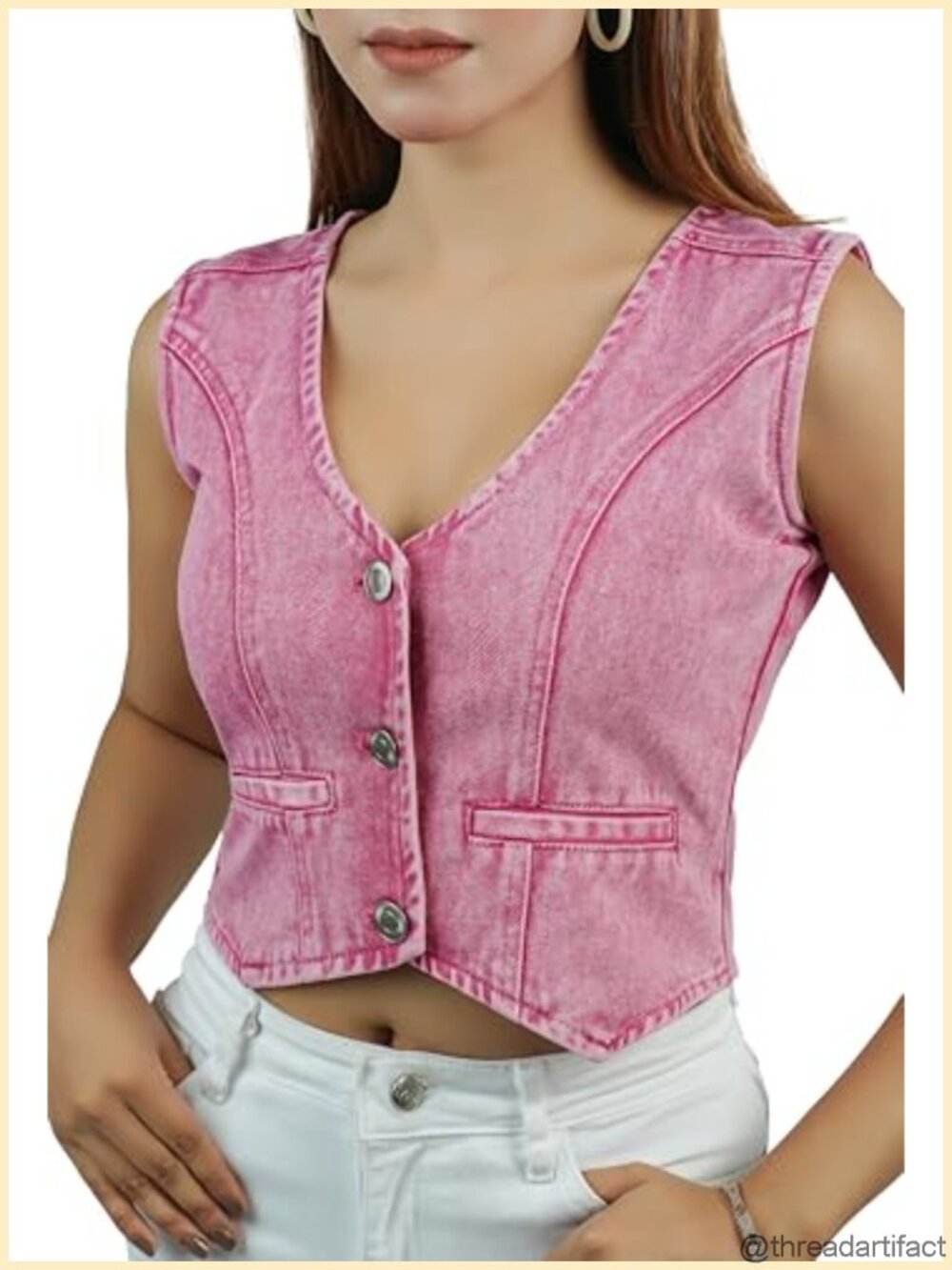 Cropped Denim Vest Sleeveless V Neck Button Down Jean Waistcoat